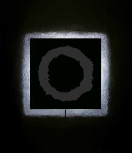 <strong>My Dearest Ones — Mother</strong><br /><strong>night of 11—12 March, 2002</strong><br />gelatin silver bromide photographic paper RC, plastic plate, wooden frame, electrical wiring, 102 × 102 cm