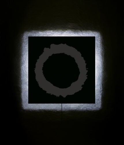 <strong>My Dearest Ones — Father</strong><br /><strong>night of 11—12 March, 2002</strong><br />gelatin silver bromide photographic paper RC, plastic plate, wooden frame, electrical wiring, 102 × 102 cm