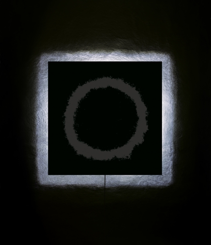 <strong>My Dearest Ones — My Mother’s Mother</strong><br /><strong>night of 11—12 March 2002</strong><br />gelatin silver bromide photographic paper RC, plastic plate, wooden frame, electrical wiring, 102 × 102 cm