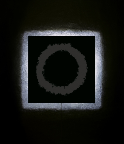 <strong>My Dearest Ones — My Mother’s Father</strong><br /><strong>night of 11—12 March, 2002</strong><br />gelatin silver bromide photographic paper RC, plastic plate, wooden frame, electrical wiring, 102 × 102 cm