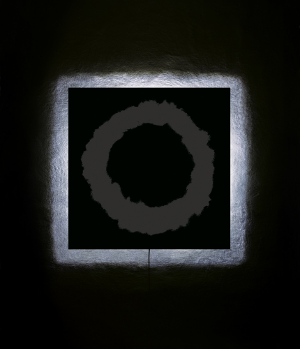 <strong>My Dearest Ones — My Father’s Mother</strong><br /><strong>night of 11—12 March, 2002</strong><br />gelatin silver bromide photographic paper RC, plastic plate, wooden frame, electrical wiring, 102 × 102 cm