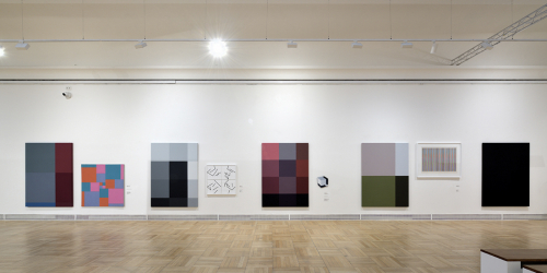 <strong>PAST AND FUTURE PRESENCES</strong><br /><strong>House of Art, Ostrava, 22. 01. — 23. 03. 2025</strong> | curator: Petr Vaňous<br />view of the part exhibition Portraits+ (L-R) — Richard Paul Lohse, Manfred Mohr, Beti Bricelj, Bridget Riley and Phill Niblock, photo: Roman Polášek